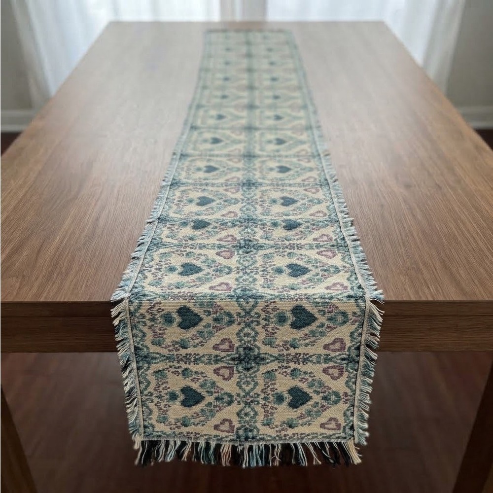 Tapestry Table Runner Woven Fringe Floral Hearts Cottagecore Damask 90s Vintage